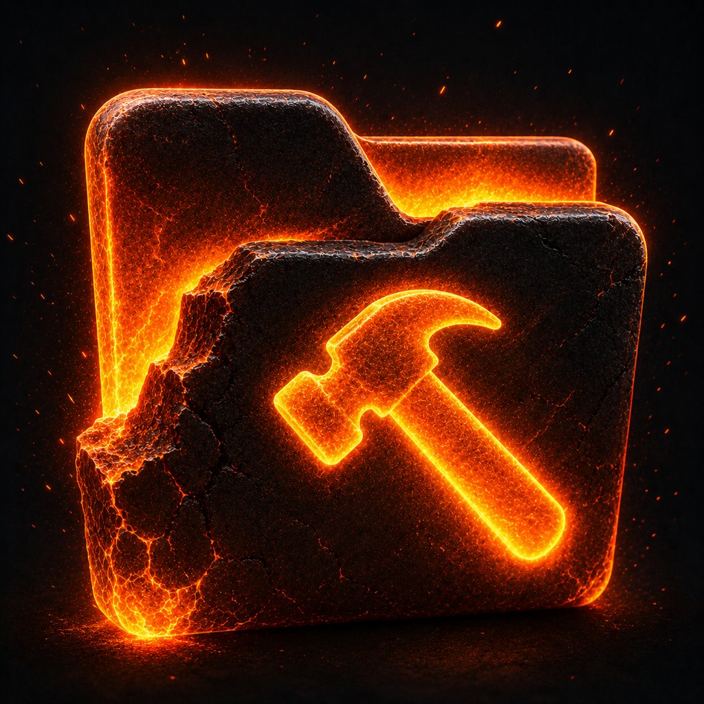 The Foldersmith icon: a charred folder with a glowing hammer on its front