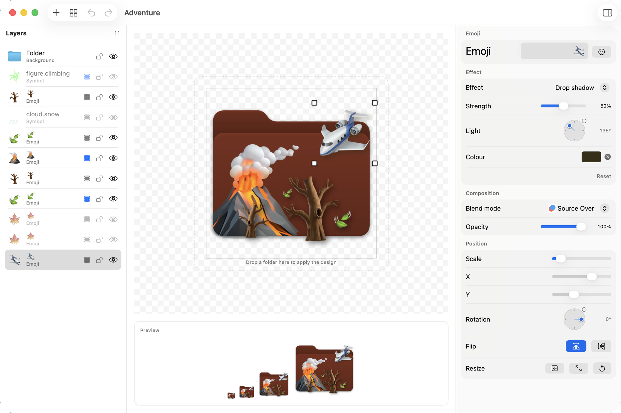 The Foldersmith editor with a design called Adventure: a brown folder with a volcano, bare trees, leaves and an airplane. The layer list is on the left, the canvas and the preview strip are in the middle, and the selected layer's effect, blend mode and position controls are on the right.