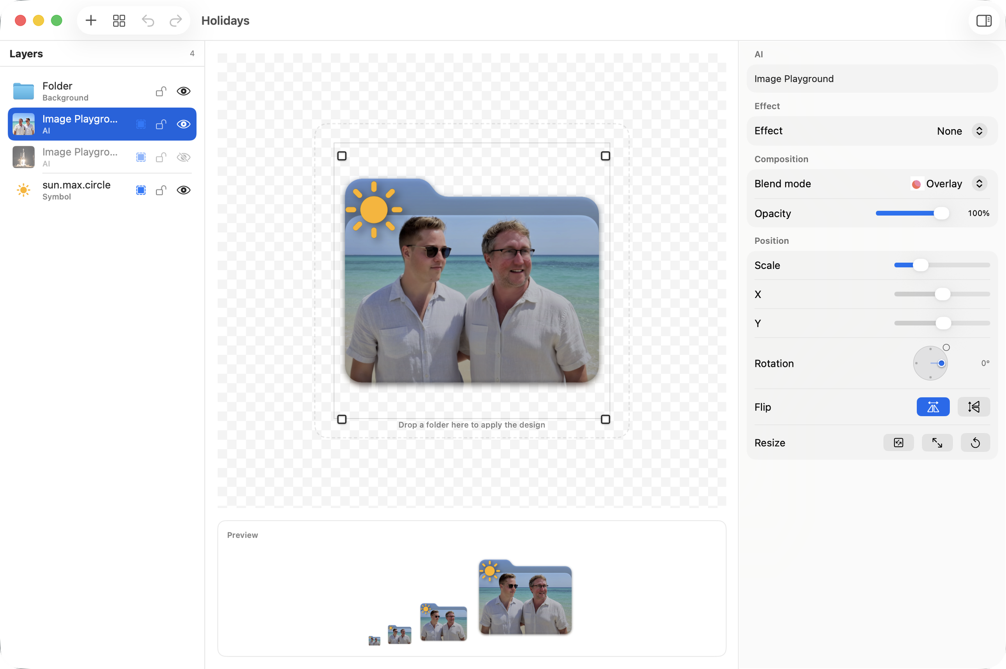 The Holidays design: a beach photo of two people on a folder, with a sun symbol in the top corner. The photo layer uses the Overlay blend mode.
